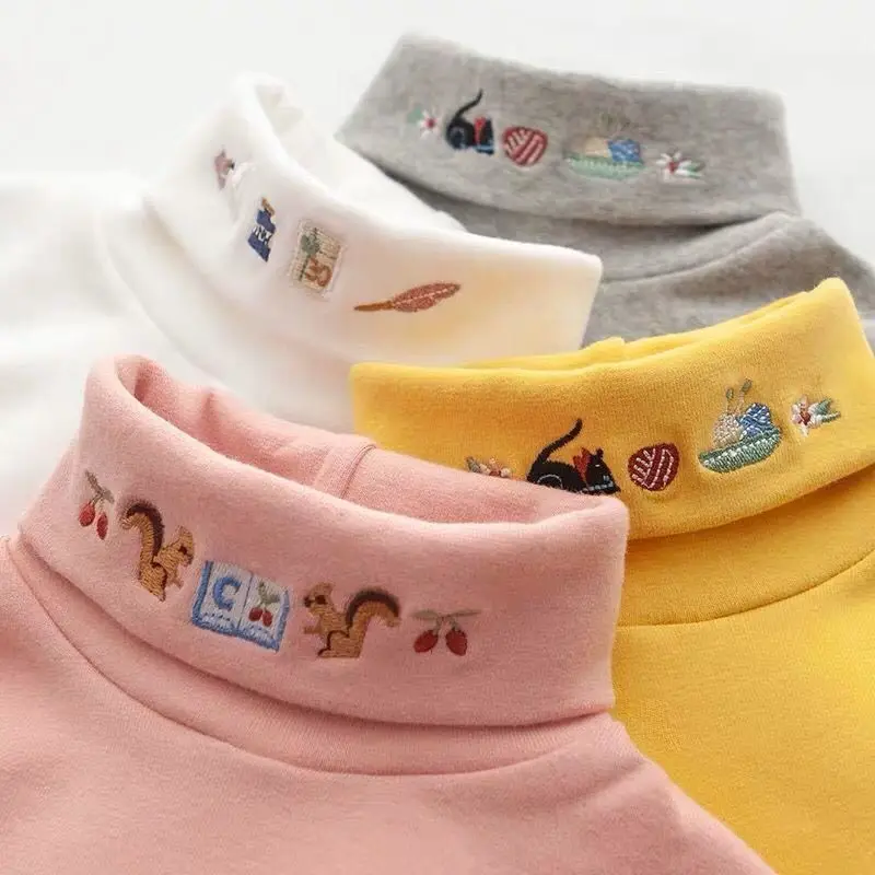 Embroidery Turtleneck Long Sleeve Blouse Girls Autumn Winter Clothes Bottoming Thicken Baby Clothing Children Cotton Tops Blouse