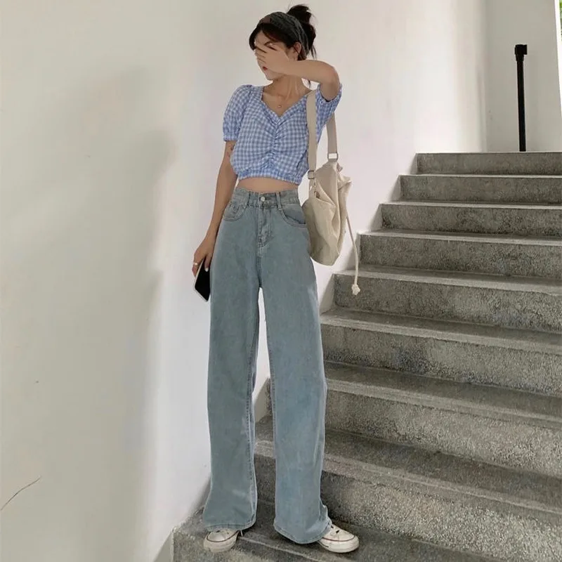 

Jeans Women's Wide Leg Denim Solid Color Retro High Waist All-match Women's Pants Fashion Loose and Thin Daily Casual New Style