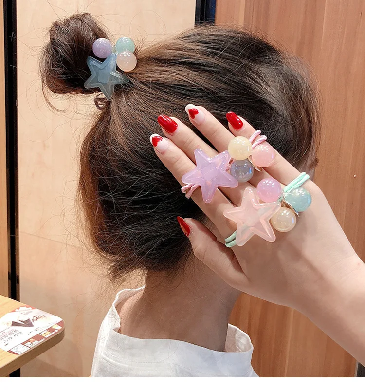 

2020 Summer Cute Lovely Korea New Hair Rope High Elastic Leather Band Ball Headdress Jelly Five Star Hair Circle