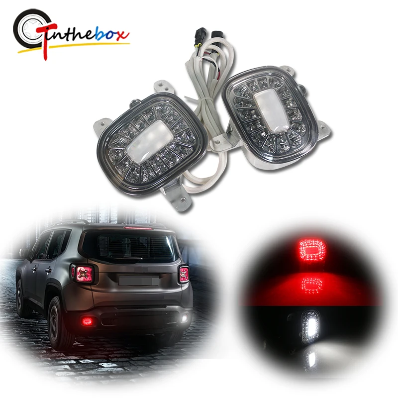 Smoked Lens Red / White LED Rear Bumper Reflectors Lights Fog Tail Lamps with Backup Reverse Lights For 2015~2019 Jeep Renegade