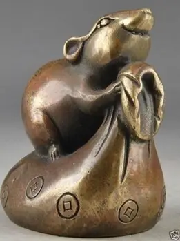 

ymying Chinese Old Brass Handwork Hammered Mouse Exorcist God Of Wealth Statue