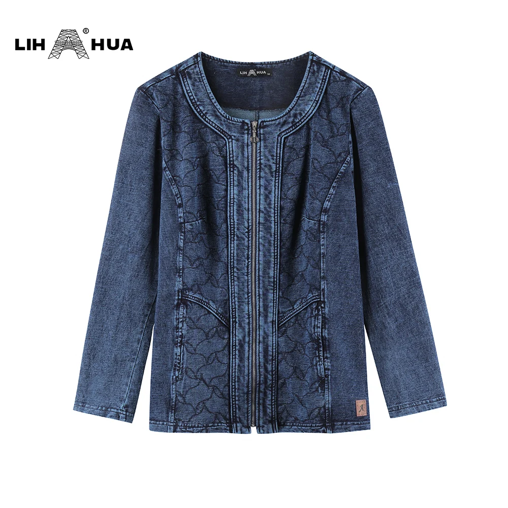 LIH HUA Women's Plus Size Casual Denim Jacket Premium Stretch Knitted Denim with shoulder pads