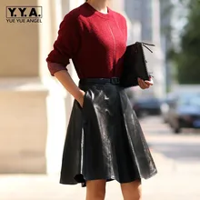 Женские юбки до колена из натуральной кожи, модная плиссированная юбка с высокой талией для офиса, Женская приталенная юбка с поясом, черный, красный цвет, Saia 3XL