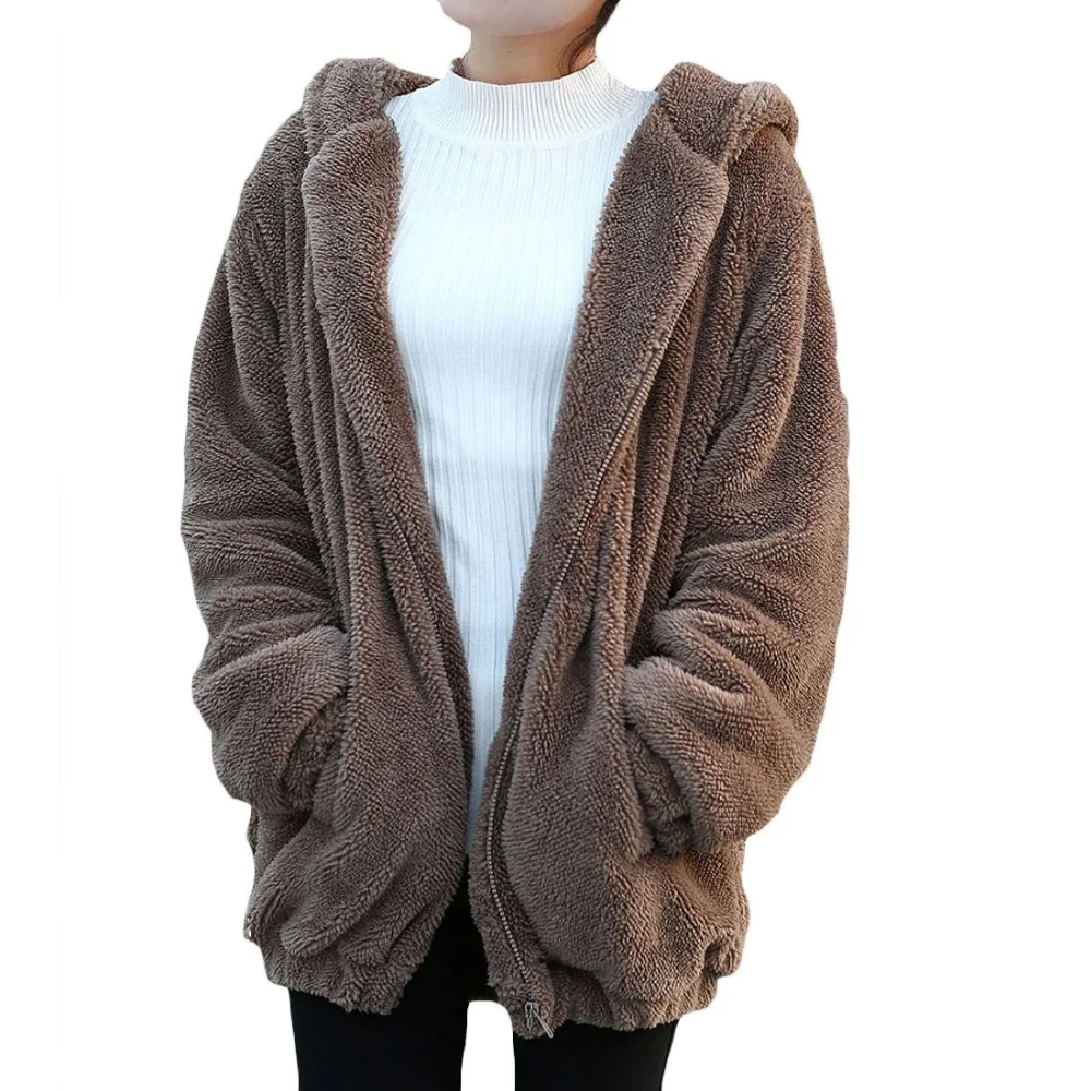 

New Solid Winter Plush Sweater Women Sweet Hooded Cardigan Bear Rabbit Ear Casual Knitted Sueter Mujer Invierno Zipper Sweater