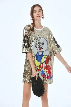 

Wholesaler oem factory oversize fashion hip hop cool basketball gold silver sexy sport paillette party t shirt sequin dress