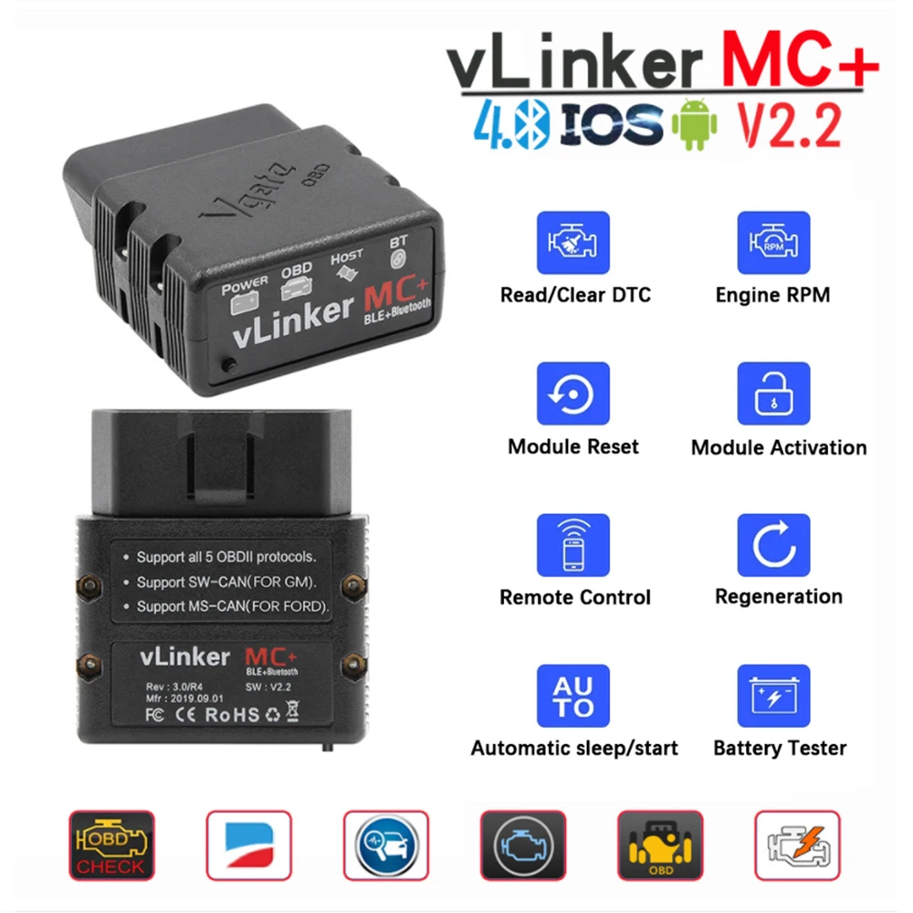 Автомобильный диагностический сканер Vgate vLinker MC + ELM327 V2.2 OBD2 инструмент для Android IOS PK