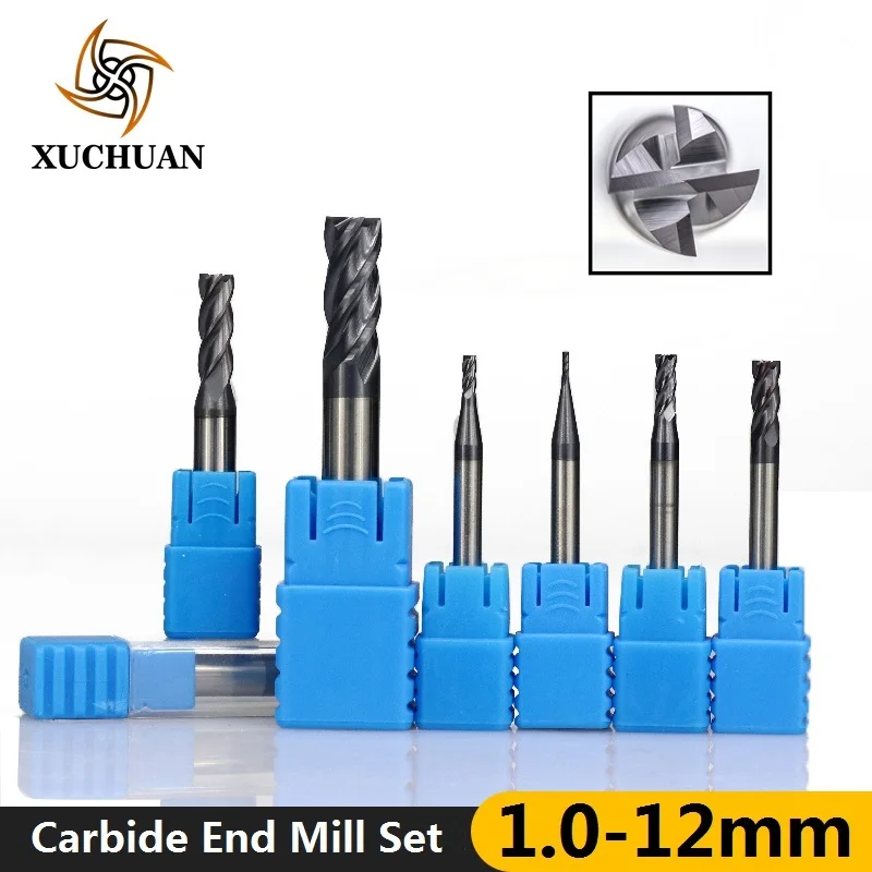 

2-10mm ALTiN Coated End Milling Cutter Set 4 Flute CNC Machine Milling Bit HRC 50 Carbide End Mill Spiral End Mills