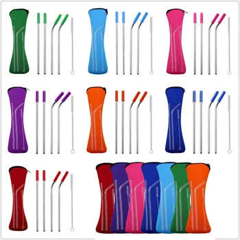 

200set Portable Silicone Tip Cover Stainless Steel Straws Straight Bent Drinking Straw Travel Neoprene Storage zipper Bags