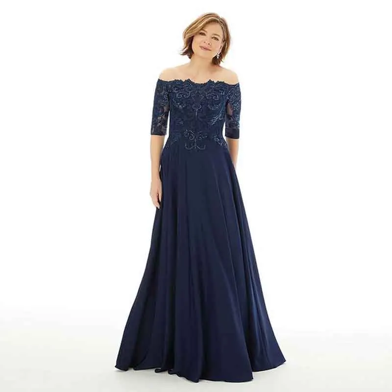 

Navy Blue Mother of The Bride Dresses Half Sleeve Off The Shoulder Formal Evening Gowns Chiffon Lace Mother Gowns for Weddings