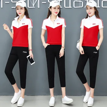

Summer Li Collar Sportswear Two-piece Set Short Sleeve Female Chao 2020 Contrast Color Running Leisure Suit Female Summer