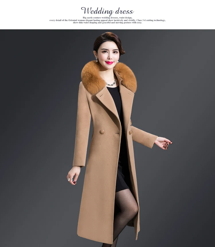 Новая женская верхняя одежда с меховым воротником, зимняя одежда, Модное теплое Шерстяное приталенное женское элегантное двубортное шерстяное пальто