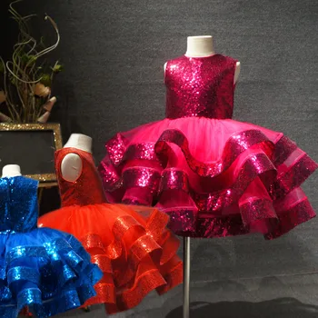 

New Cute Baby Girls Dresses for Birthday Sequins Puffy Tulle Knee Length Flower Girl Dress Tutu kids Clothes
