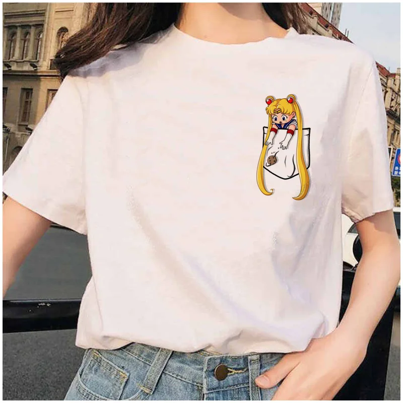 Sailor Moon 90s забавная футболка кофта с капюшоном футболка Эстетическая кошка аниме Женская Милая футболка Kawaii тройники мода Ullzang - Цвет: 21493