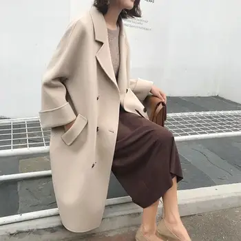 

Autumn Beige Wool Blend Coats Women Long Turn-Down Collar Outwear Thin Casual Elegant Overcoat