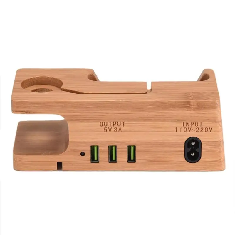 

3-port USB charging dock with integrated circuit Bamboo Wood Charging Dock base holder for iWatch iPhone US plug