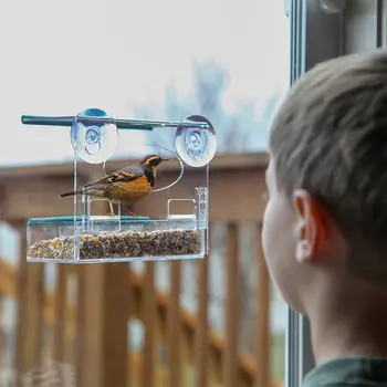 

Clear Glass Window Bird Feeder Hanging Removable Seed Tray Easy to Refill or Clean Durable Breathable Pet Feeding House