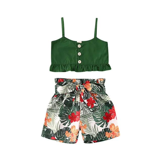 2020 Baby Summer Clothing Sister Matching Clothes Green Vest Crop Tops +Skirts/shorts 2Pcs Outfits Leaves Print Ruffled Sets