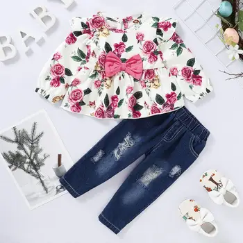

Baby Clothes Girl 3-6 Months Winter Children Set Floral Print Bow-tieLong Sleeve Top + Retro Ripped Jeans Toddler Girl Outfits