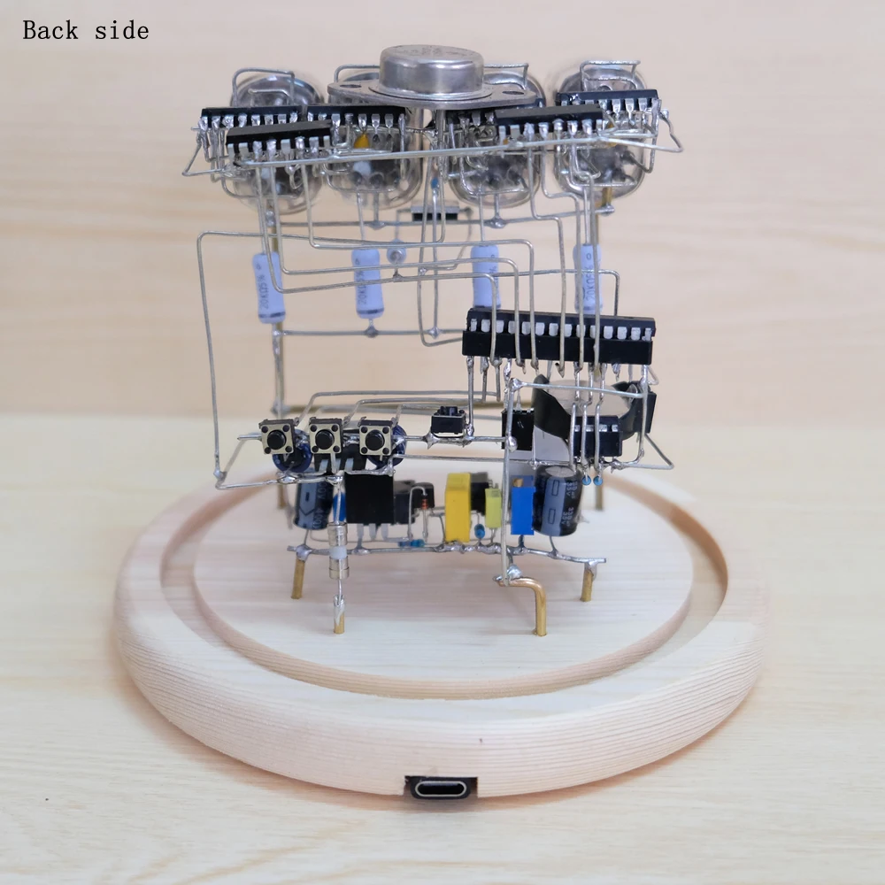 Puzzloria CyberGlow IN12 Nixie Tube Clock displaying glowing numbers on wooden base
