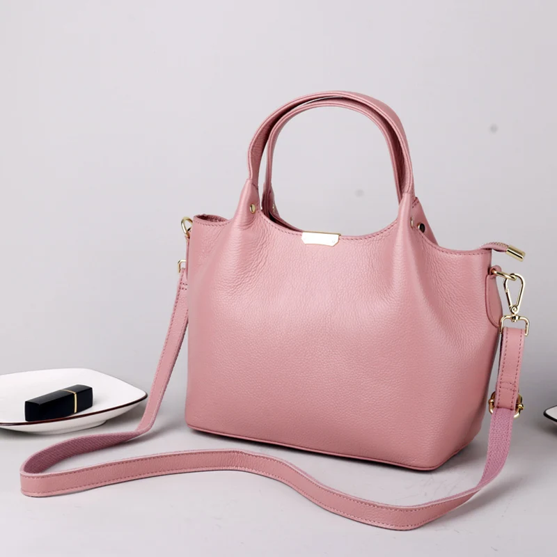 Pink bolsa de cubo cuero genuino mujer, повседневная сумка-тоут с короткими ручками, кошелек, сумка - Цвет: Pink