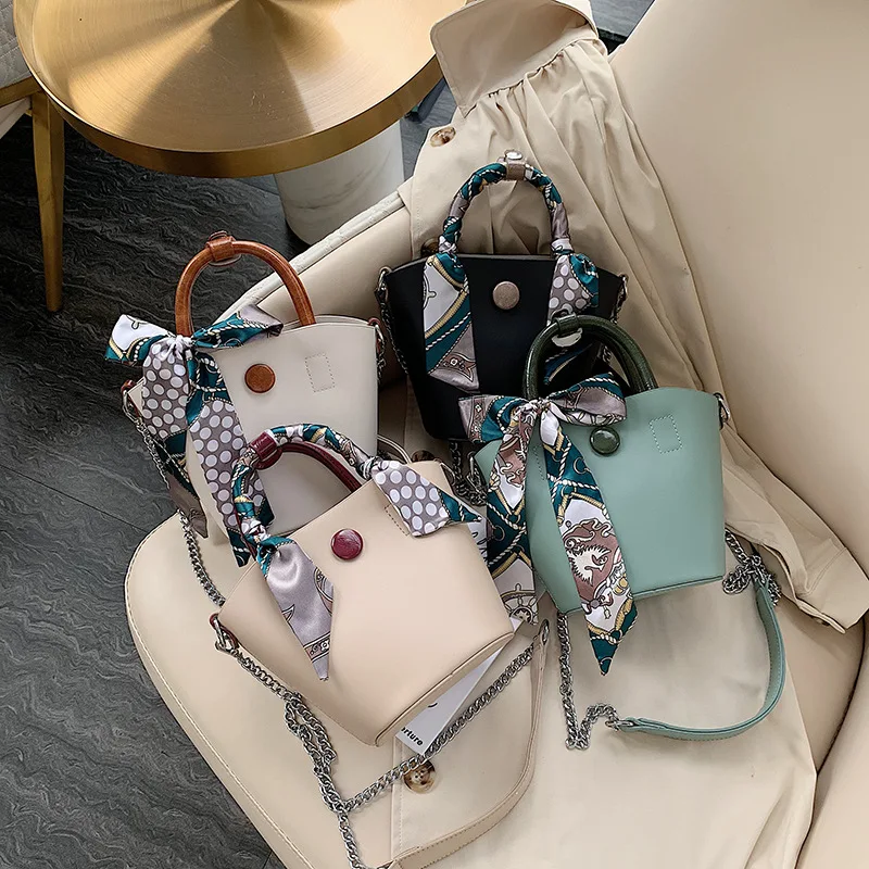 

2019 New Style Simple Bucket Bag Silk Scarf Decoration Basket Shoulder WOMEN'S Bag