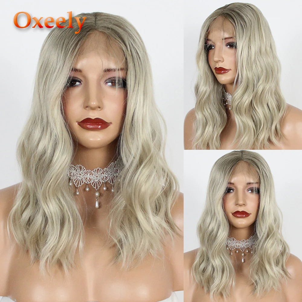 

Oxeely Platinum Blonde Bob Wave Hair Heat Resistant 180 Density Natural Short Wavy Synthetic Lace Front Wigs for Fashion Women
