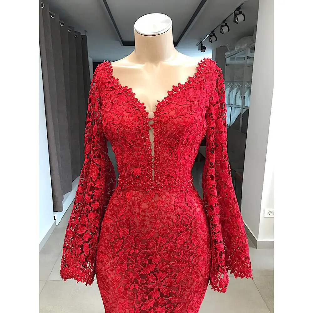 Robe De Soiree элегантное кружевное вечернее платье с длинным v-образным вырезом, открытая Аппликация из бисера Русалка, рукав-труба, вечернее платье