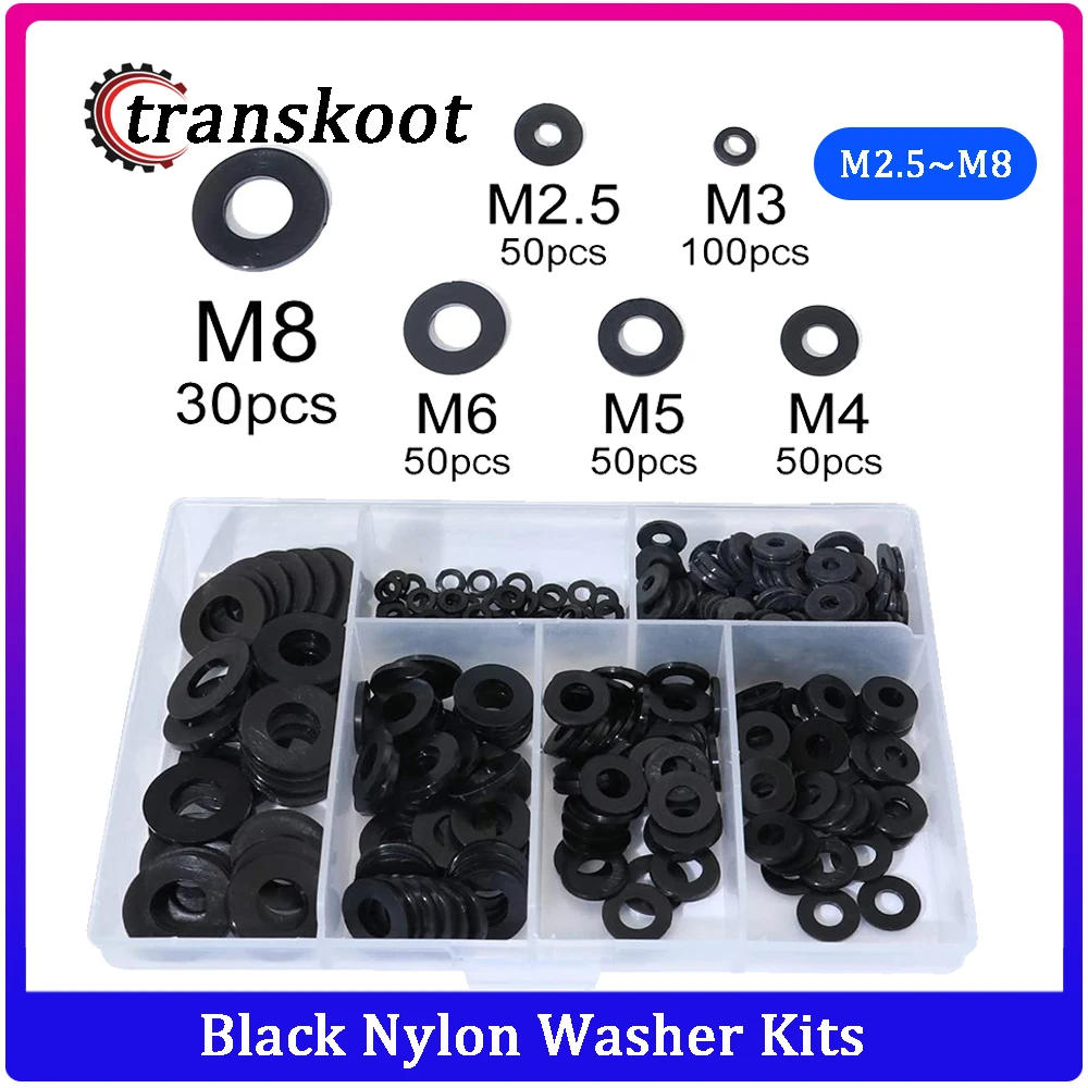 2~8mm ID 50~300pcs Plastic Nylon Washer Black Insulation Spacer Flat Gasket Lot 