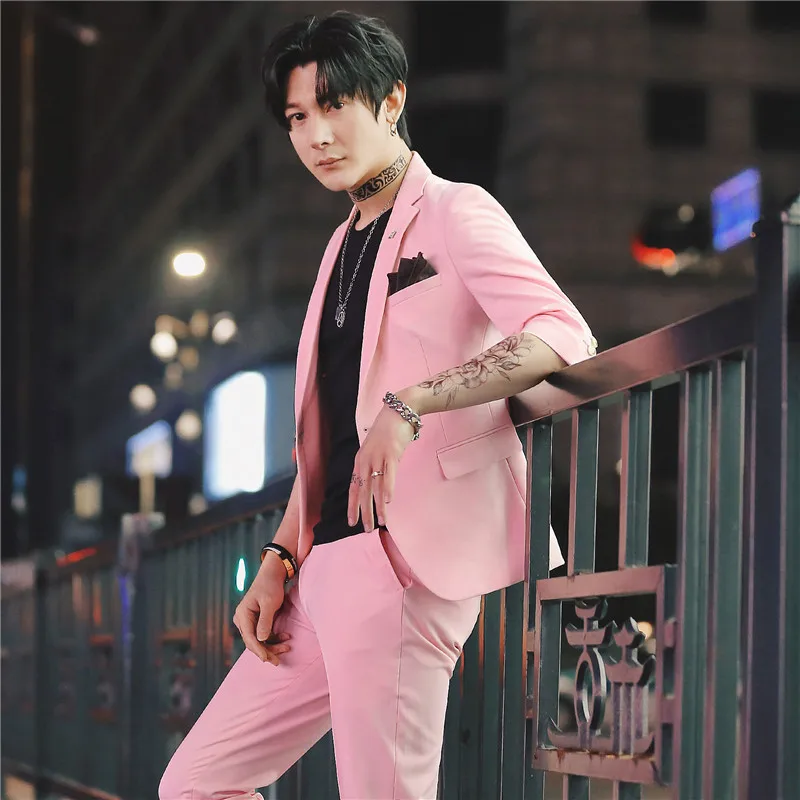 Pink Мужской костюм, свадебные костюмы для мужчин, короткий рукав, комплект из 2 предметов, летний корейский приталенный костюм, смокинг, черный костюм, костюм Homme Terno - Цвет: Pink