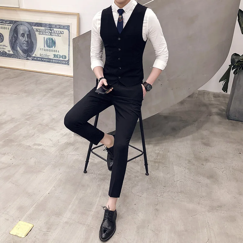 

MEN'S Waistcoat Suit Pants Two-Piece 2019 Summer New Style British Style Korean-style V-neck Vest Casual Pants