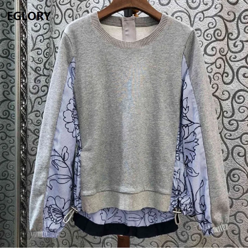 

2019 Autumn Winter Fashion Sweatshirts High Quality Women Striped Print Embroidery Patchwork Long Sleeve Grey Blue Pullovers