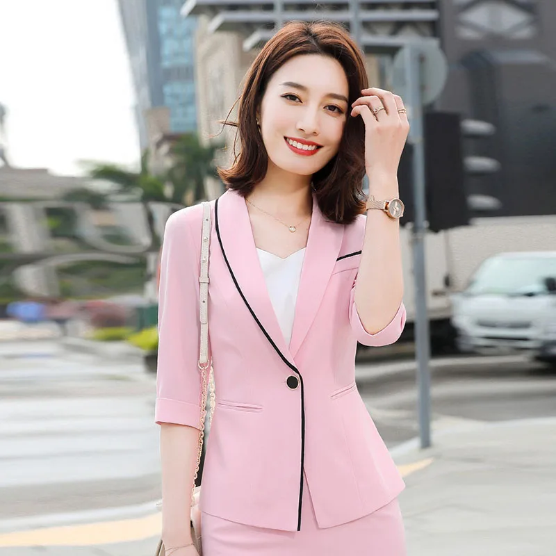 

Suit women 2020 spring and summer new work clothes beautician pink suit jacket bag hip skirt two-piece women's clothes