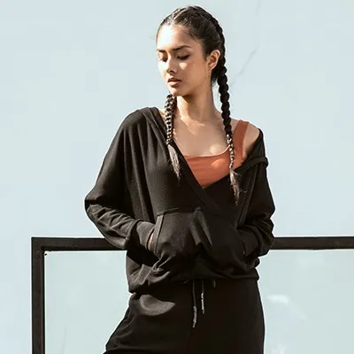 black top Хорошее качество для женщин Йога фитнес тренажерный зал дзен стиль медитация Повседневный стиль с капюшоном брюки набор костюм хлопок ткань - Цвет: black top