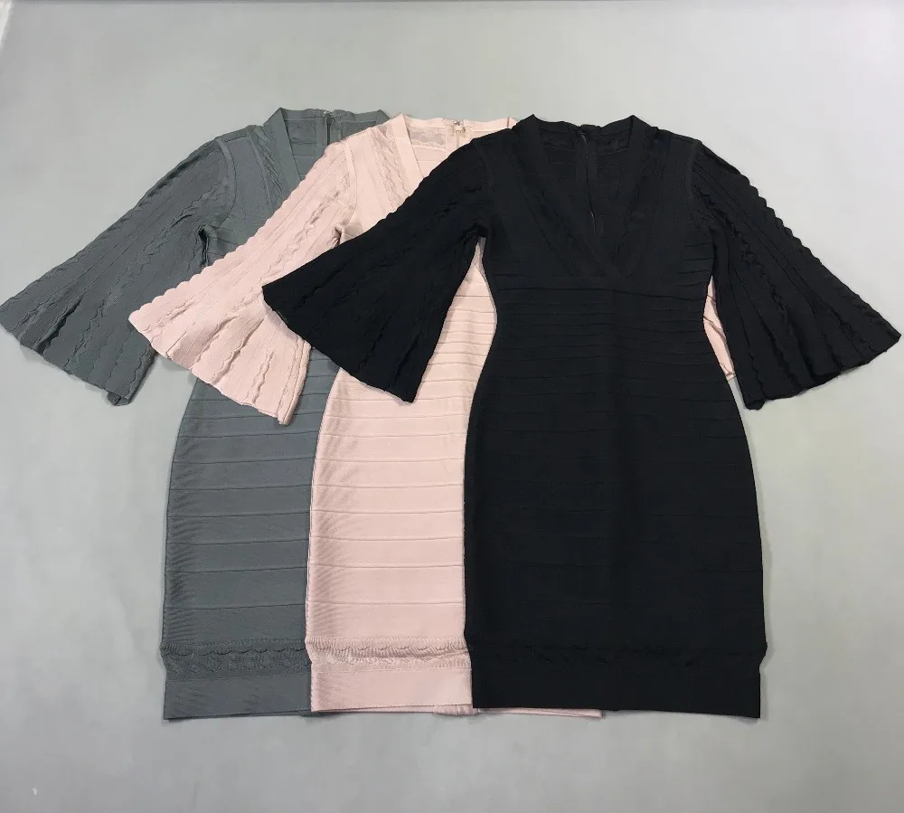 High Quality Elegant Women black pink grey v neck long sleeve Bandage Vestido Celebrity Party dress wholesale
