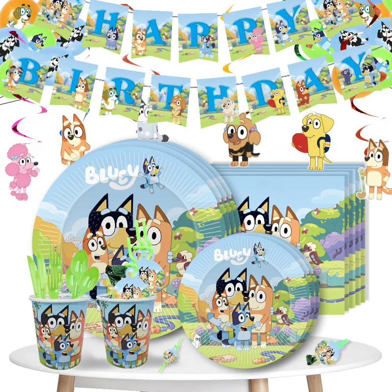 Juego de vajilla desechable con dibujos de perros, Set de platos, bolsa de regalo, tazas, decoraciones, suministros de baño para bebé, Bingo, Fiesta Temática azul