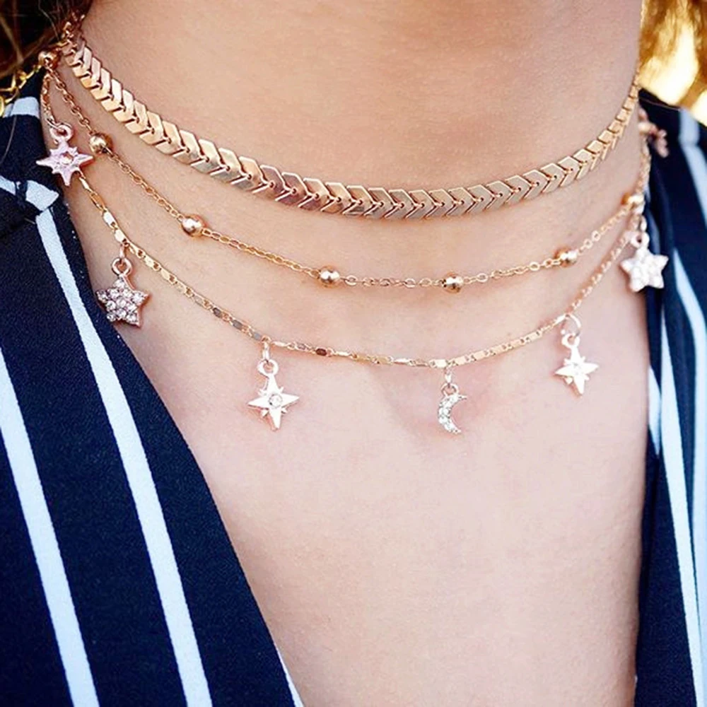 Multi-layer Crystal Geometry Necklace Vintage Star Moon Sun - Image 2