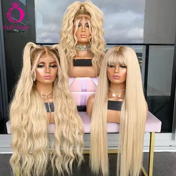 

OLEY Hair Long Ombre Blonde Wig Heat Resistant Synthetic Lace Front Wig With Bangs High Density Cosplay Wigs For Black Women