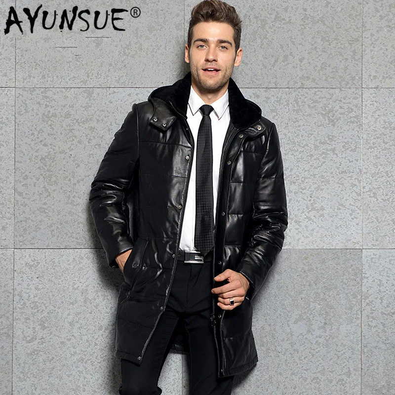 AYUNSUE Winter Genuine Leather Down Jacket Men Hooded Real Sheepskin Long Coat Windbreaker Men Leather Jackets 3377 KJ2995