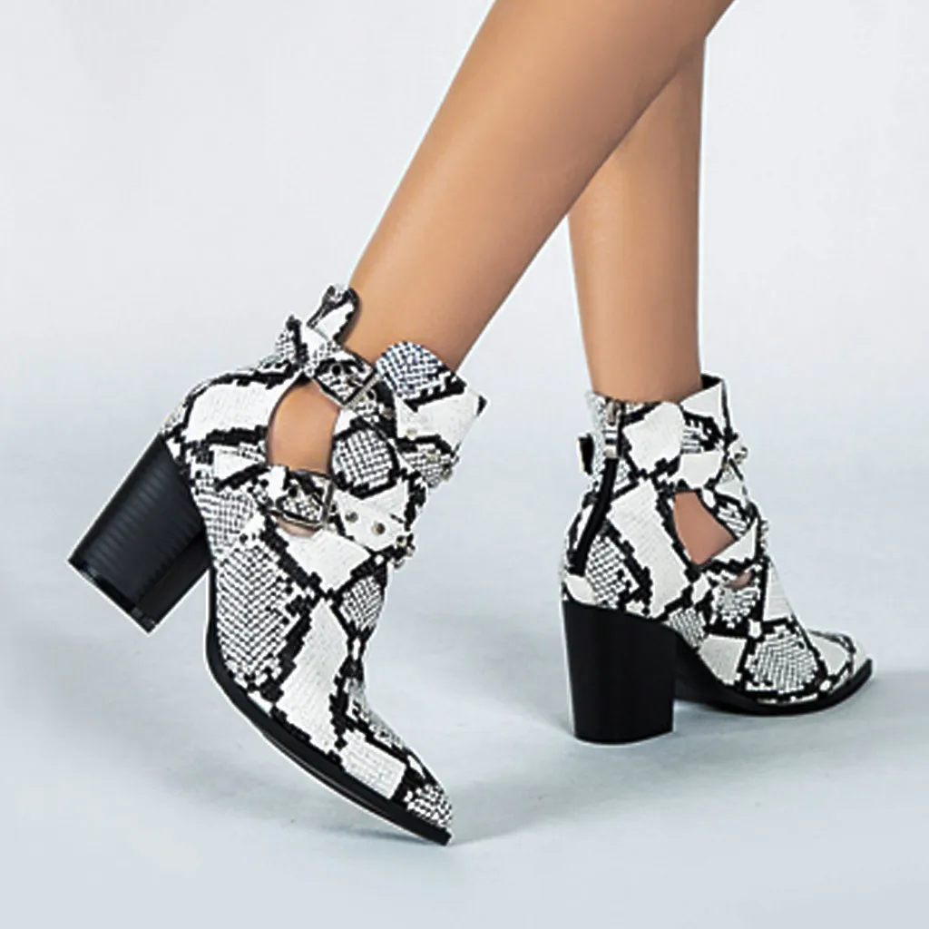 

Hollow Boots Snake Print PU Leather Women's Ankle Boots Wedges High Heel Boots Winter Pointed Toe Belt Buckle Botas Mujer