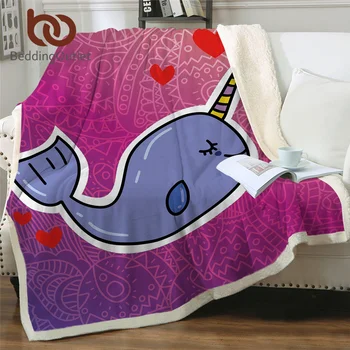 

BeddingOutlet Narwhal Throw Blanket for Kids Cartoon Custom Blanket Purple Whale Sherpa Blanket Fish Floral Blankets For Beds