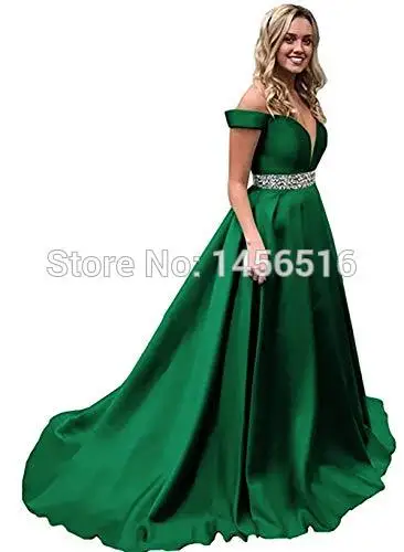Dark Green Green Off Shoulder Evening Dress for Women A-Line Satin Formal Gowns - Color: Dark Green