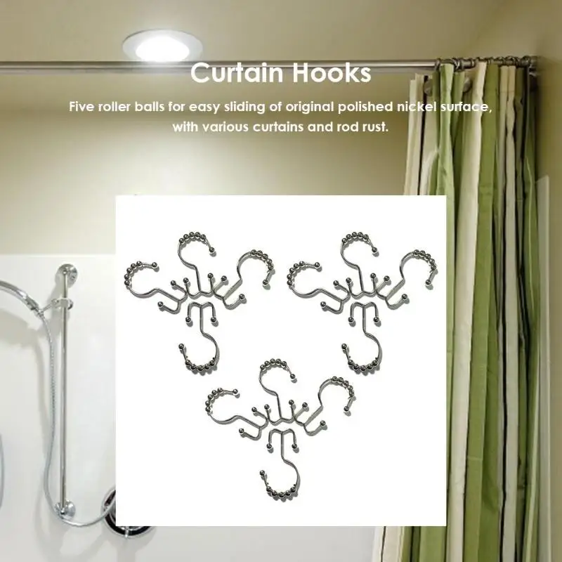 12pcs Rustproof Bathroom Curtain Rings Satin Nickel Structure with 5 Roller Balls Roller Double Glide Shower Hooks for Rods