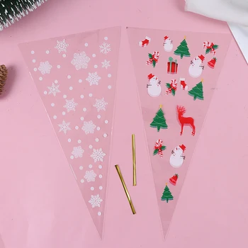

100pcs Christmas Transparent Triangle Ice Cream Cone Candy Popcorn Bag With Kink Gift Bag Wedding Birthday Party Packaging