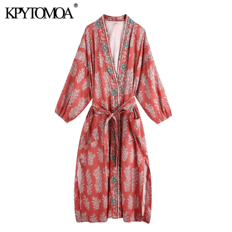 KPYTOMOA Women 2020 Chic Fashion Tied Belt Printed Midi Kimono Dress Vintage Side Vents Pockets Loose Female Dresses Vestidos KPYTOMOA Women 2020 Chic Fashion Tied Belt Printed Midi Kimono Dress Vintage Side Vents Pockets Loose Female Dresses Vestidos