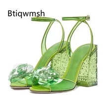 Green Crystal Sandals Women Open Toe Flower Rhinestone Ankle Strap Transparent High Heel Shoes Woman Fashion Wedding Shoes