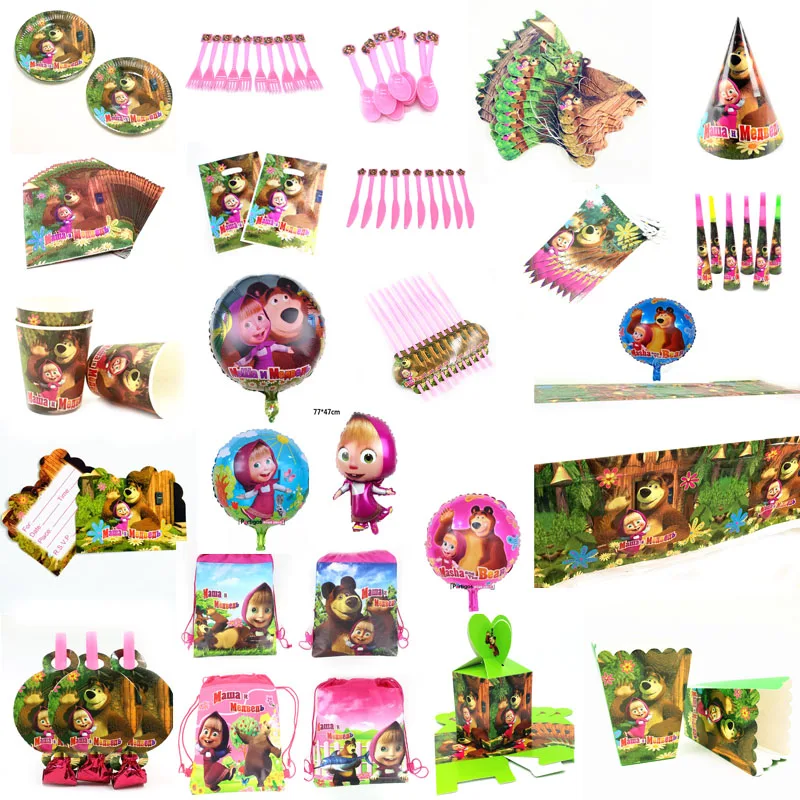 Suministros para fiestas temáticas de oso de dibujos animados, plato y vaso de papel, servilleta, bandera, sombrero, Pajita para niños, vajilla desechable para fiesta de cumpleaños