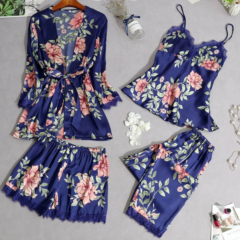 

Women Sexy Summer Silk Lingerie Pijiama Satin Autumn Spaghetti Strap Pajamas Gown Korean Five Piece Pajama Sets Pink Sleepwear