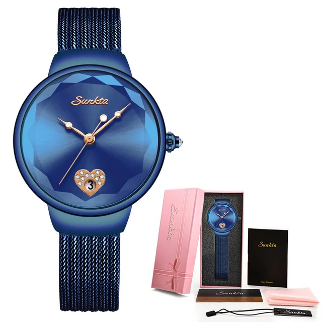 blue SUNKTA, женские роскошные Брендовые Часы, простые Кварцевые женские водонепроницаемые наручные часы, женские автоматические часы с датой, reloj mujer Montre Femme+ box - Цвет: blue
