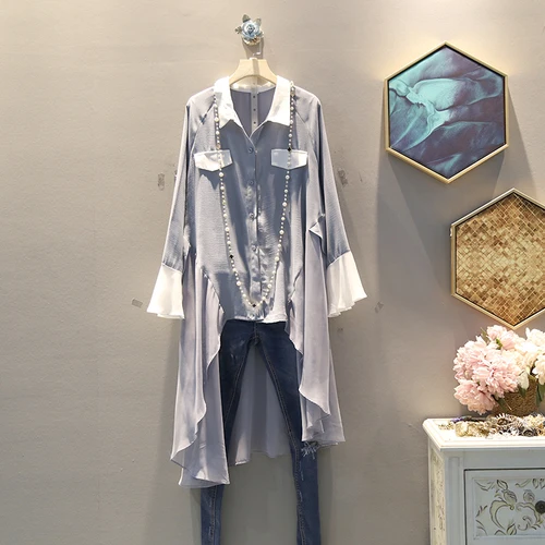 blue SuperAen/Новинка года; осенние женские рубашки в Корейском стиле; однотонные женские блузки и топы с лацканами; шифоновая женская одежда - Цвет: blue