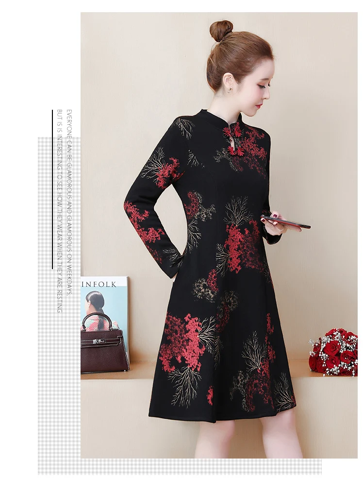 Женское тепловое платье размера плюс L-5XL XXL, XXXL, 3XL, XXXXL, 4XL, сохраняющее тепло, осенне-зимние элегантные винтажные приталенные повседневные платья с цветочным рисунком
